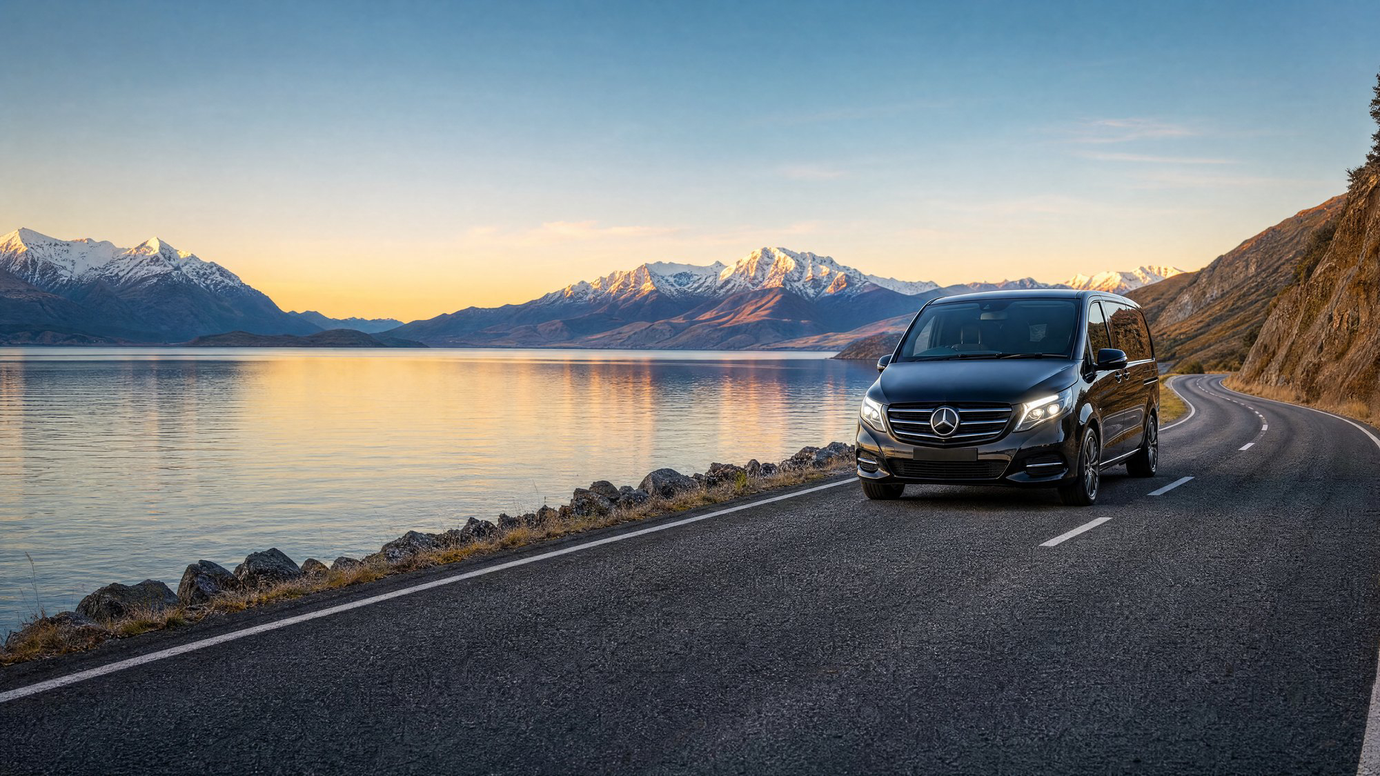 Mercedes V-Class on a lakeside alpine road at sunrise