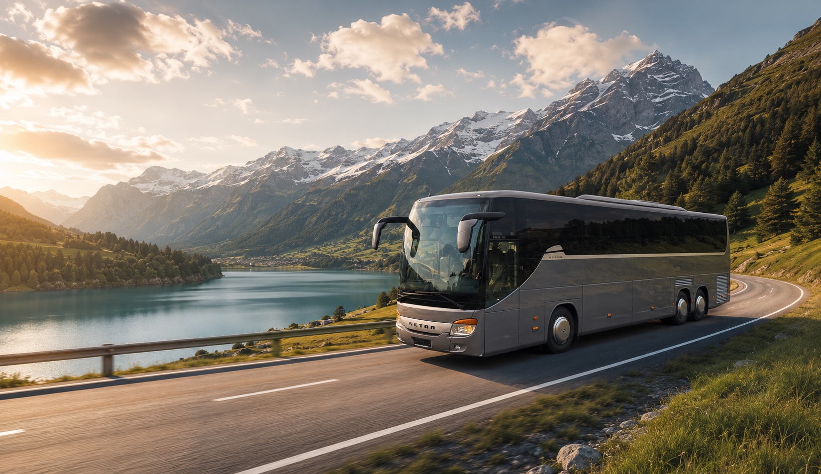 Setra S415 GT-HD luxury coach on a lakeside road in the Swiss Alps