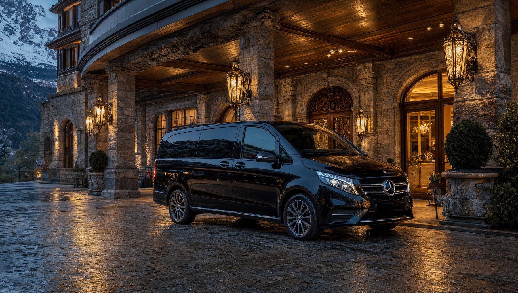 Prime Ride Go Mercedes V-Class at an alpine hotel entrance