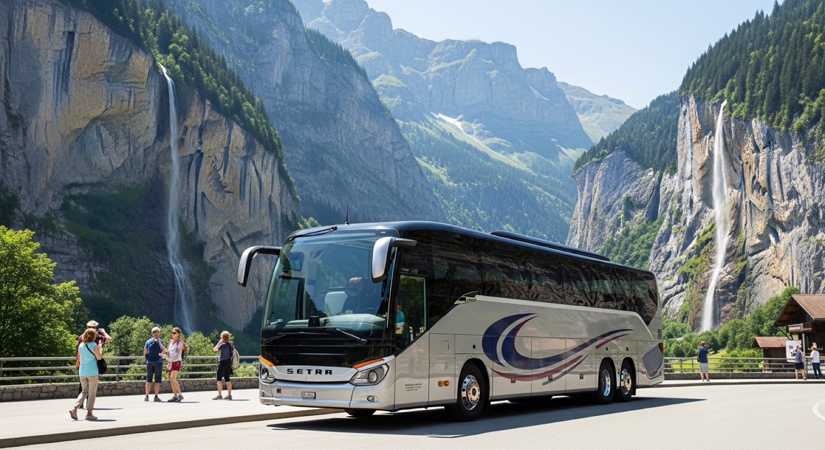 Setra touring coach at the Lauterbrunnen valley, Switzerland