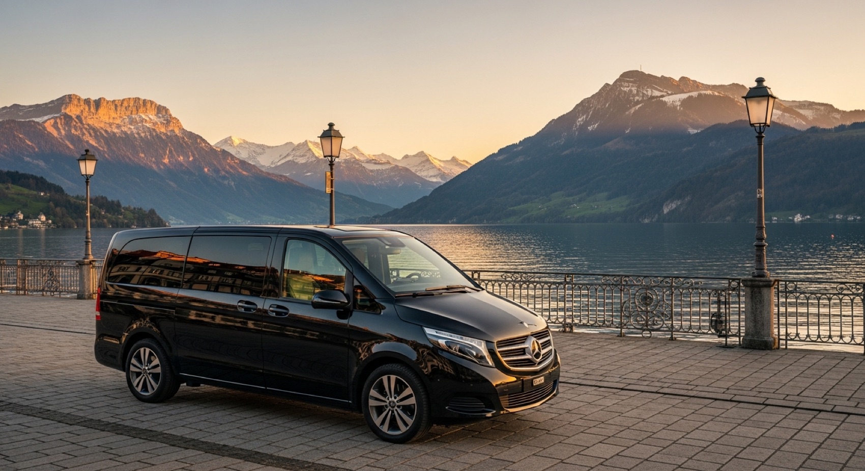 Mercedes-Benz V-Class van at Lake Lucerne at golden hour
