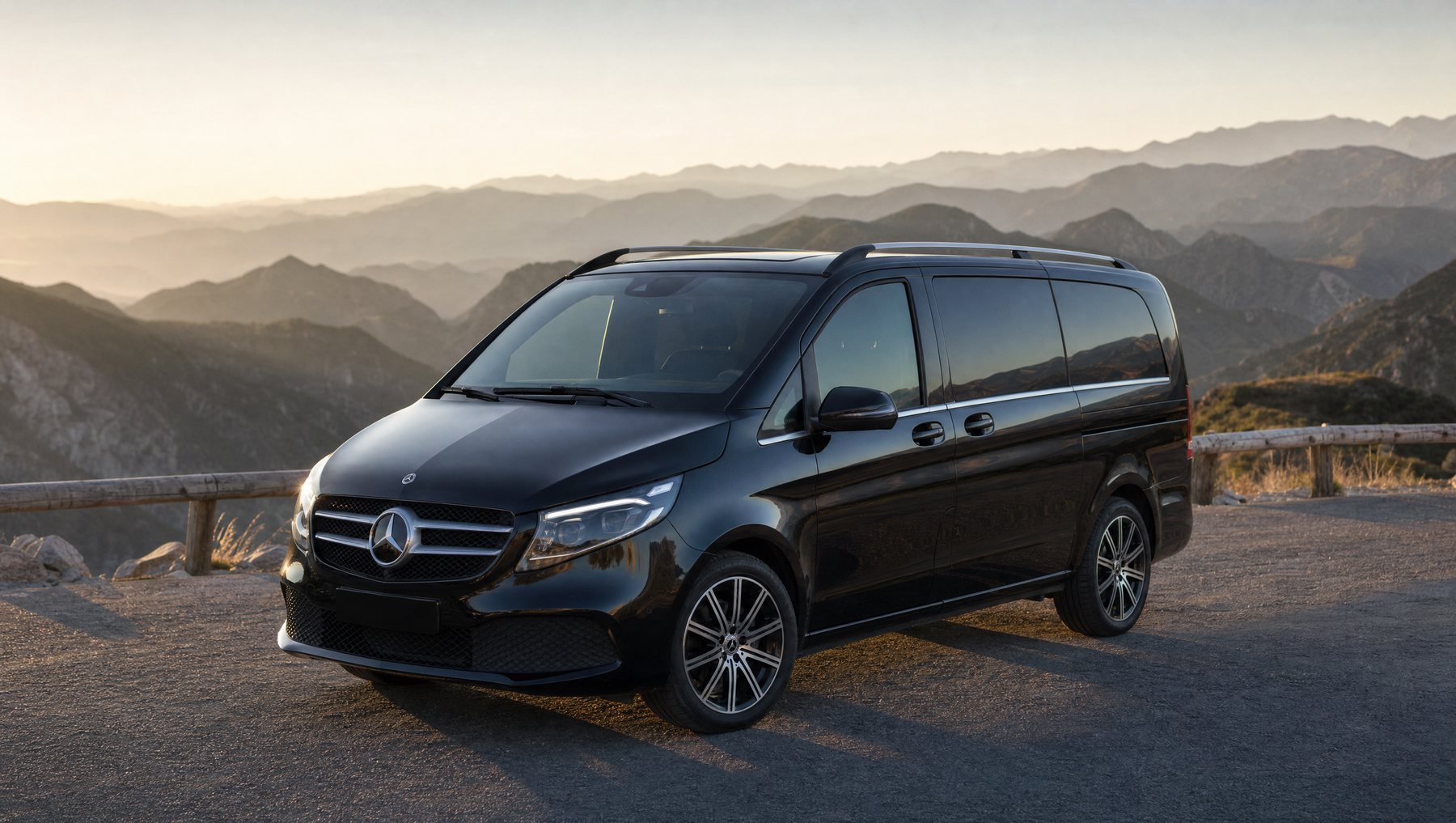 Mercedes V-Class at a mountain pass overlook in the Swiss Alps